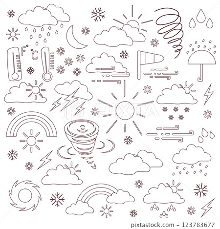 Meteorology and weather phenomenon, lightning bolt flash thunder icon electric isolated vector, climate condition set, fleshcards for kids, instrument for measuring atmospheric and weather events. 123783677