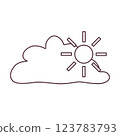 Black and white partly cloudy weather icon with sun and cloud in doodle style. Simple meteorology symbol for forecasts, climate apps, educational materials, and commercial design. 123783793