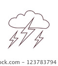 Black and white stormy weather icon with clouds and lightning bolts in doodle style. Simple meteorology symbol for weather forecasts, climate apps, and educational materials. 123783794