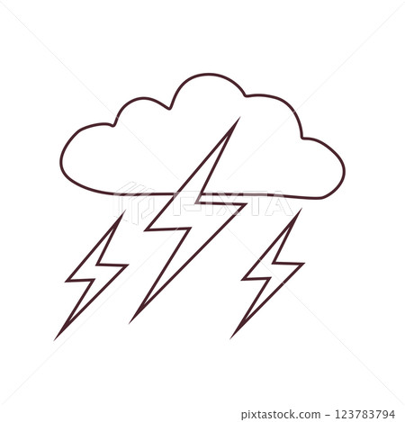 Black and white stormy weather icon with clouds and lightning bolts in doodle style. Simple meteorology symbol for weather forecasts, climate apps, and educational materials. 123783794