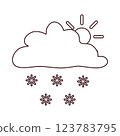 Black and white partly cloudy weather icon with sun, cloud, and snowflakes in doodle style. Simple meteorology symbol for forecasts, climate apps, educational materials, and commercial design. 123783795