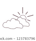 Black and white partly cloudy weather icon with sun and cloud in doodle style. Simple meteorology symbol for forecasts, climate apps, educational materials, and commercial design. 123783796