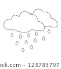 Black and white rainy weather icon with clouds and raindrops in doodle style. Simple meteorology symbol for weather forecasts, climate apps, and educational materials. 123783797