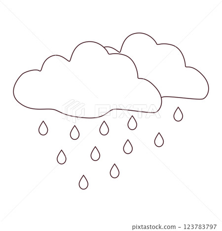 Black and white rainy weather icon with clouds and raindrops in doodle style. Simple meteorology symbol for weather forecasts, climate apps, and educational materials. 123783797