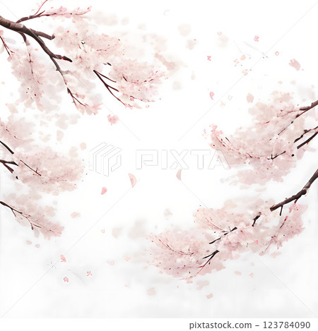 Beautiful scenery of cherry blossoms in full bloom, pale pink petals dancing in the wind 123784090