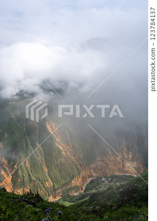 Colca Canyon and river in the mist and clouds, Peru 123784137