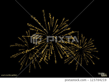 Golden, composition fireworks or salute bursting background, isolated texture. Gold firecracker, Firework explosion. Sparkling crumbs. Dust jewelry. Jewel confetti, pyrotechnic. Vector 123784219