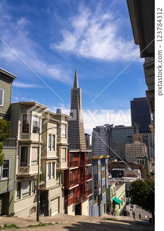 Steep street view with downtown skyline in San Francisco, USA 123784312