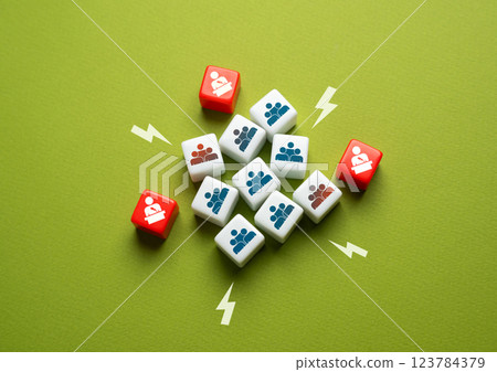 Politicians and opinion leaders keep people on edge in the information background. Shaping public opinion, fueling debates, and amplifying social concerns. Public anxiety and division. 123784379