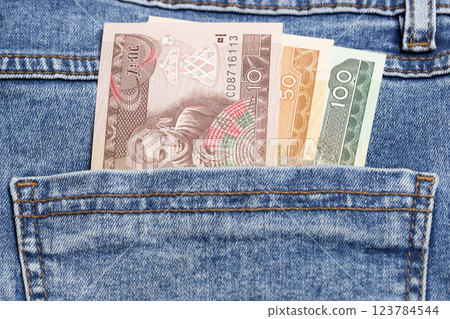 Ethiopian Birr in the pocket of blue jeans 123784544