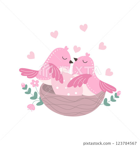 Two pink birds sit in a nest 123784567