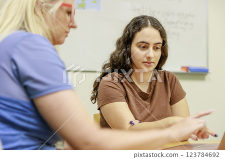 Caucasian woman working in office 123784692