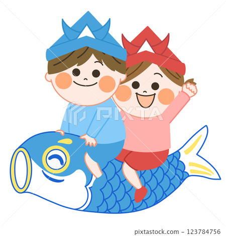 An illustration of a smiling boy and girl wearing carp and helmets for Children's Day, with a warm and friendly touch 123784756