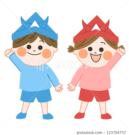 A full-body illustration of a smiling boy and girl wearing helmets for Children's Day, with a warm and friendly touch 123784757