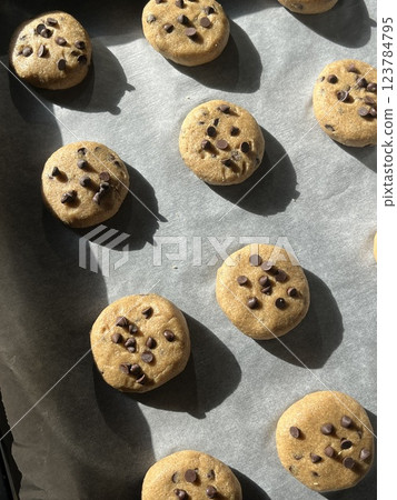 Homemade Chocolate Chip Cookies Stacked Tower and Front view of stacked chocolate chip cookies bake 123784795