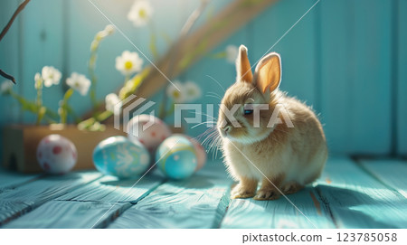 Charming Easter scene with a playful bunny and colorful Easter eggs. The bunny, with its fluffy white fur and long, floppy ears, is sitting on a bed of vibrant green grass. 123785058