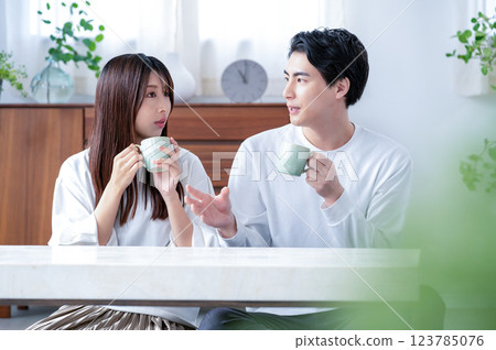 Smiling man and woman having a conversation in the living room 123785076