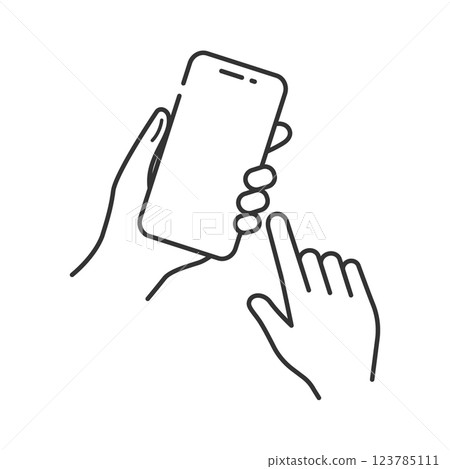 Mockup icon of a hand holding a smartphone (line drawing, monochrome) 123785111