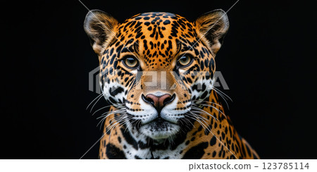 Captivating close up of jaguar showcasing its striking fur pattern and intense gaze Captivating close up of jaguar showcasing its striking fur pattern and intense gaze 123785114