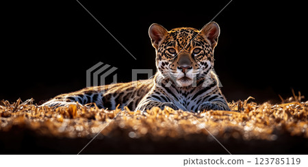 Captivating full body of jaguar showcasing its striking coat pattern in warm light Captivating full body of jaguar showcasing its striking coat pattern in warm light 123785119
