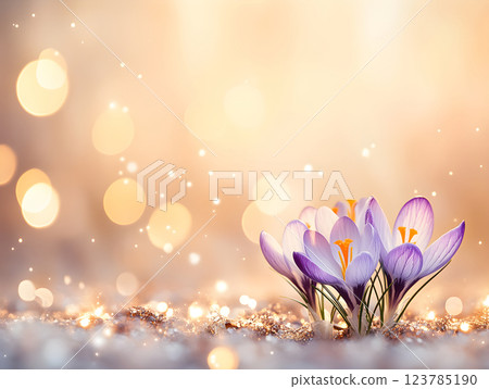Fresh wild purple crocus blooming in spring garden. Saffron flowers in field. Natural floral blooming meadows composition. Floral background. Begining springtime sunny landscape with sunlight. 123785190