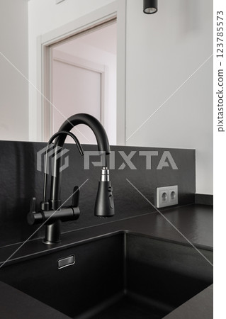 Close-up of a stylish black kitchen faucet with a modern matte finish and sleek dark countertop 123785573