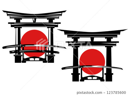 japanese samurai katana sword put on stand with red sun circle and torii gate vector design 123785600