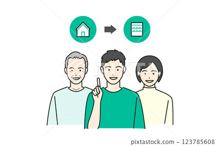 Vector illustration of a family thinking about changing from a detached house to an apartment Vector illustration of a family thinking about changing from a detached house to an apartment 123785608
