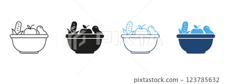 Healthy Food Line and Silhouette Icon Set. Mixed Bowl of Fruits and Vegetables for Nutrition and Wellness. Balanced Diet Outline and Solid Icon. Editable Stroke. Isolated Vector Illustration Healthy Food Line and Silhouette Icon Set. Mixed Bowl of Fruits and Vegetables for Nutrition and Wellness. Balanced Diet Outline and Solid Icon. Editable Stroke. Isolated Vector Illustration 123785632