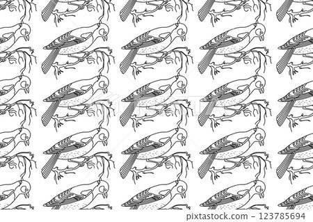 Line art seamless pattern with garden birds vector illustration. Hand drawn outline repeating pattern birds background. Graphic design for Cover Coloring Book Textile Fashion Print Birthday Greeting 123785694