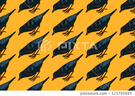 Botanical abstract seamless pattern with garden birds vector illustration. Colorful repeating cartoon pattern common starling in yellow background. Graphic design for Fashion Cover Textile Birthday Botanical abstract seamless pattern with garden birds vector illustration. Colorful repeating cartoon pattern common starling in yellow background. Graphic design for Fashion Cover Textile Birthday 123785695