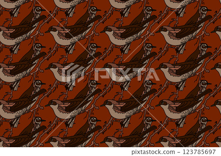 Botanical abstract seamless pattern with garden birds vector illustration. Colorful repeating cartoon pattern birds in brown color background. Graphic design for Fashion Cover Textile Birthday Card 123785697