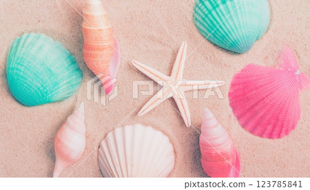 Colorful shells and sandy beach 123785841