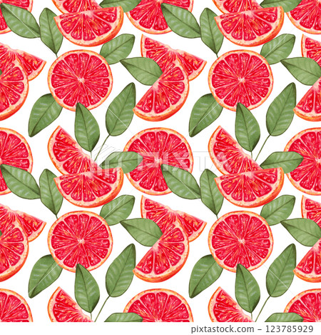 Seamless background of grapefruit slices with leaves. Watercolor, marker illustration. Red citrus pieces. Hand drawn isolated art. Fruit wallpaper for fabric and kitchen textile, packaging,wallpaper. Seamless background of grapefruit slices with leaves. Watercolor, marker illustration. Red citrus pieces. Hand drawn isolated art. Fruit wallpaper for fabric and kitchen textile, packaging,wallpaper. 123785929