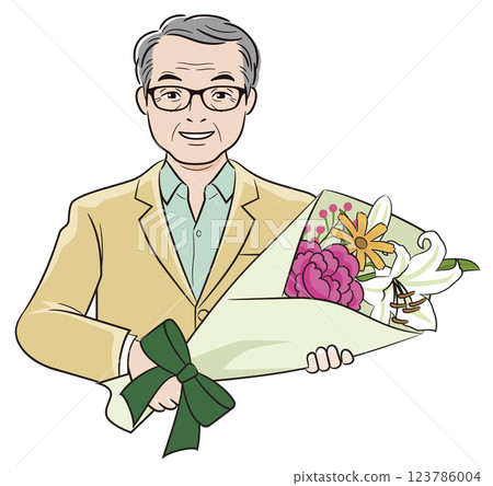 戴眼鏡的老人手捧一束花 戴眼鏡的老人手捧一束花 123786004