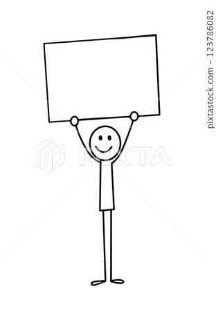 Stickman holding sign or empty rectangle. Vector doodle style figure Stickman holding sign or empty rectangle. Vector doodle style figure 123786082