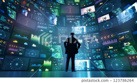 Businessman analyzing real-time financial and technological data on immersive screen wall. 123786264
