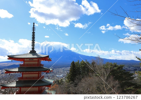 View of Chureito Pagoda and Mt. Fuji from Arakurayama Sengen Shrine in Yamanashi Prefecture Winter 2024 123786267
