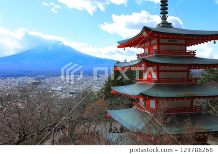 View of Chureito Pagoda and Mt. Fuji from Arakurayama Sengen Shrine in Yamanashi Prefecture Winter 2024 123786268
