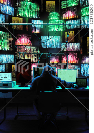 Hacker working on multiple devices while encrypted data flows across digital walls. Hacker working on multiple devices while encrypted data flows across digital walls. 123786269