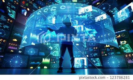 Hacker in hoodie interacting with futuristic holographic data interface surrounded by cybersecurity analytics. 123786281