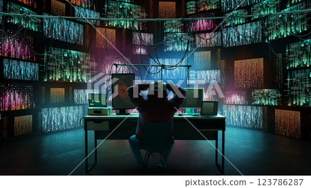 Back view of hacker sitting at desk surrounded by cascading encrypted data on multiple screens. Back view of hacker sitting at desk surrounded by cascading encrypted data on multiple screens. 123786287