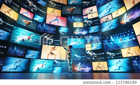 Boy pointing at immersive holographic sports screens showing virtual athletes in motion 123786289
