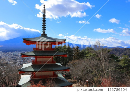 View of Chureito Pagoda and Mt. Fuji from Arakurayama Sengen Shrine in Yamanashi Prefecture Winter 2024 View of Chureito Pagoda and Mt. Fuji from Arakurayama Sengen Shrine in Yamanashi Prefecture Winter 2024 123786304