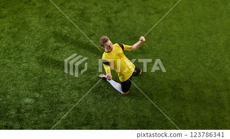 Top view image of man, soccer player in yellow jersey standing on knees on green stadium, expressing excitement after winning game. Victory 123786341