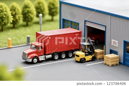 Miniature logistics scene | Distribution center and trucks Miniature logistics scene | Distribution center and trucks 123786406
