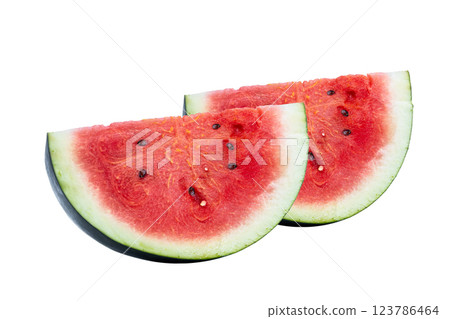 Fresh and juicy watermelon slices isolated on a white background. 123786464