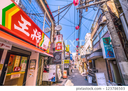 日本東京城市景觀，俯瞰三軒茶屋站附近的酒吧區“Suzuran-dori” 123786503
