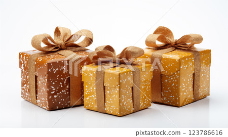 Three golden holiday gold gift boxes in various sizes adorned with bows for a luxurious celebration, special occasion. Golden 123786616