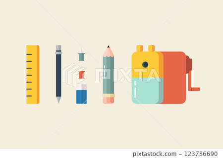Pen pencil ruler and sharpener in flat style. Pen pencil ruler and sharpener in flat style. 123786690